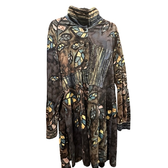 Hand Died Button Up Faux Neck Tunic Natural Tones with Leafs and Stripes 1X - Picture 2 of 13